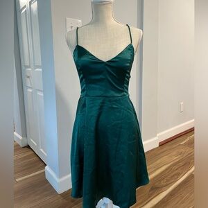 XS Satin Emerald Cross Back, Mini Dress. Shein.